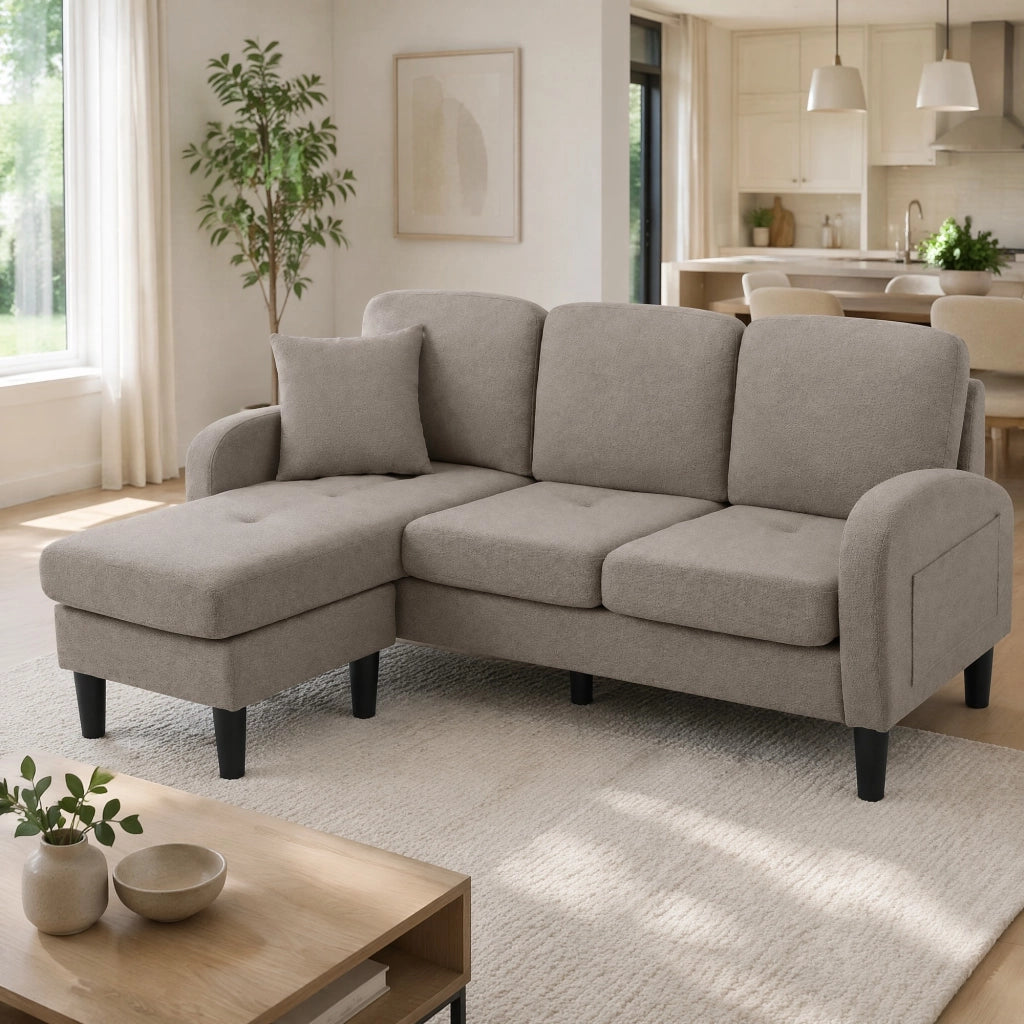Divano angolare reversibile a 3 posti con chaise longue, design modulare, tessuto traspirante e schiuma, Antique Dark Grey