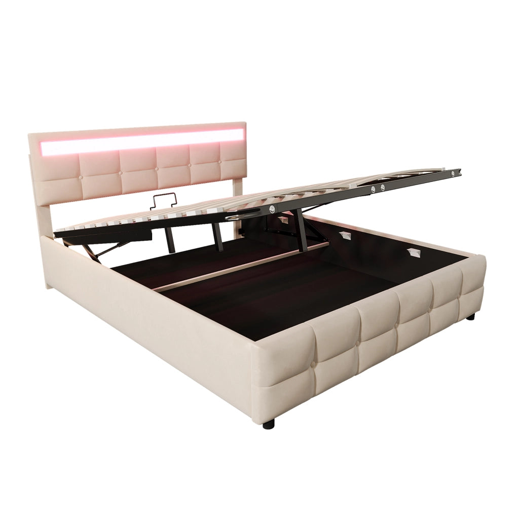 Letto contenitore matrimoniale 180×200 cm con LED; rete sollevabile; senza materasso; velluto; beige