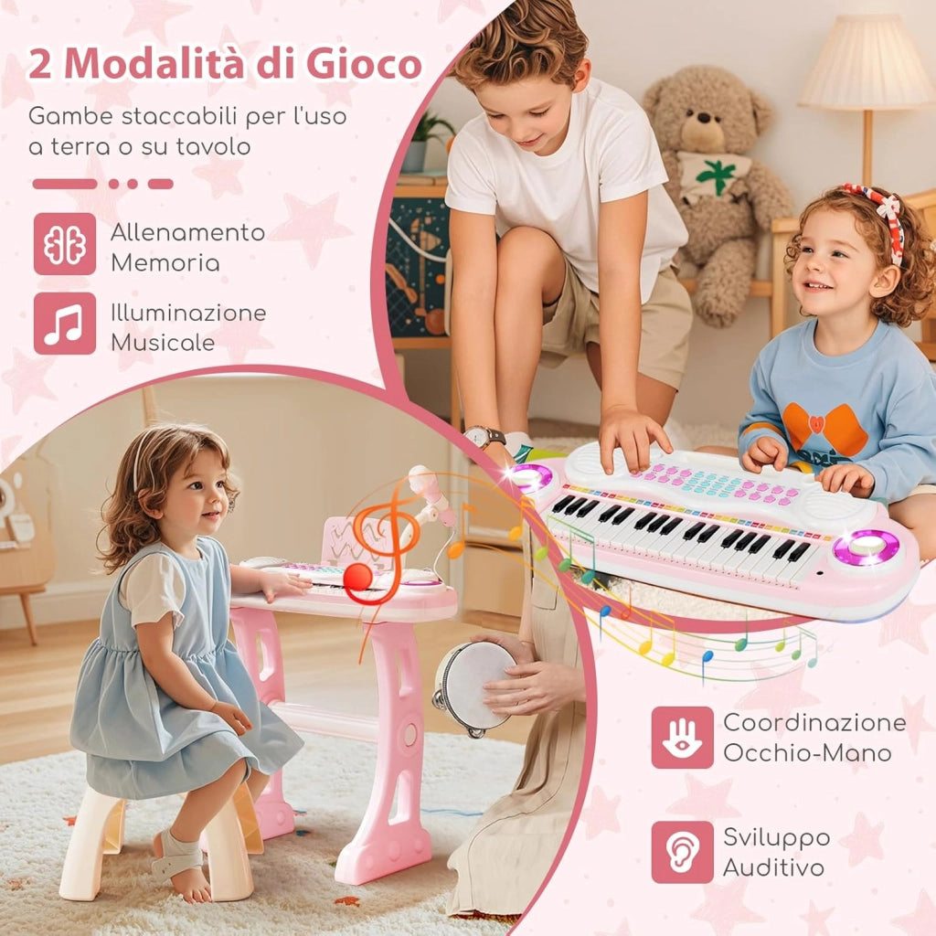 Tastiera Pianoforte a 37 Tasti per Bambini, Piano Elettronico per Bambini con Microfono, Sgabello e Supporto per Spartiti, 8 Ritmi e 8 Strumenti, per Bambini 18+ Mesi (Rosa)