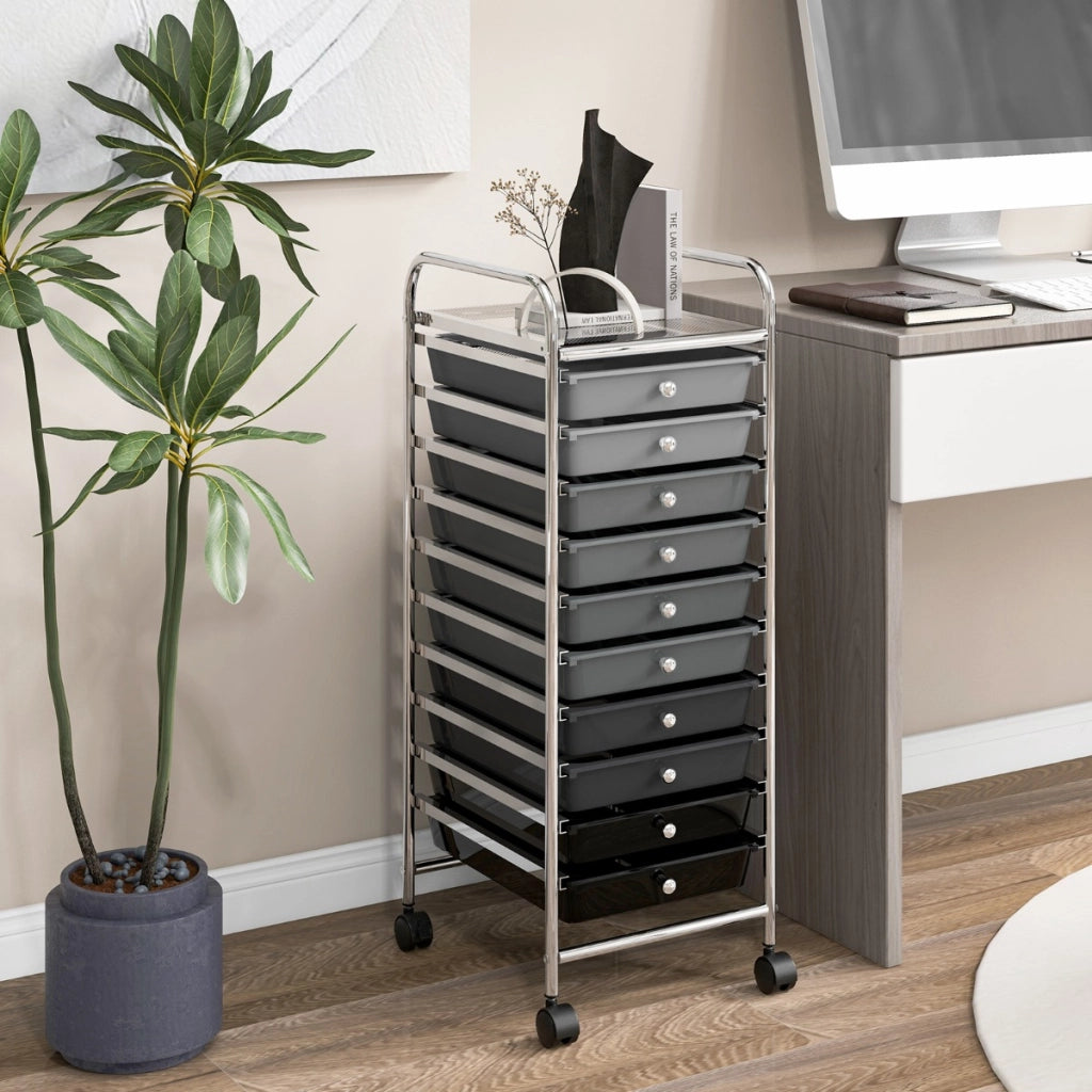 Carrello cassettiera multiuso con 10 cassetti da cucina-Contenitore con ruote a 10 ripiani per bagno Grigio