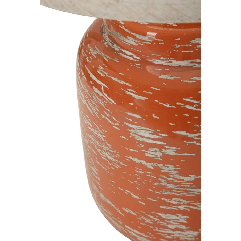 Lampada da tavolo con base in ceramica arancione e paralume in tessuto
