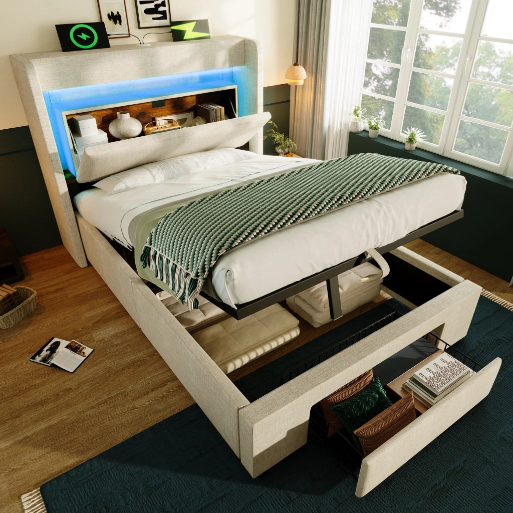 LETTO Contenitore 90x200 cm Beige in Lino con USB, USB-C e LED