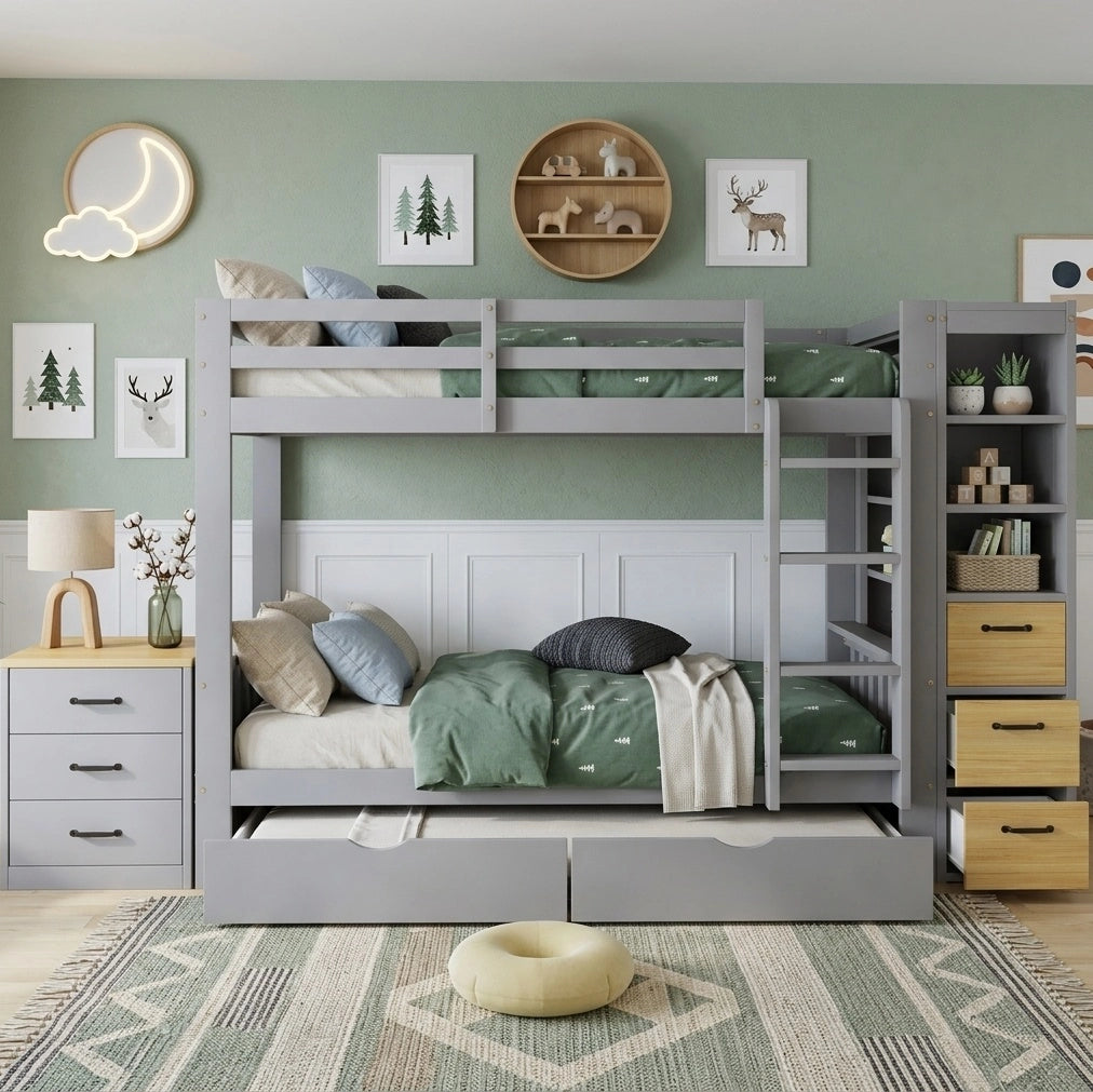 LETTO A CASTELLO 90x200 cm Legno Grigio con Cassetti e Comodino