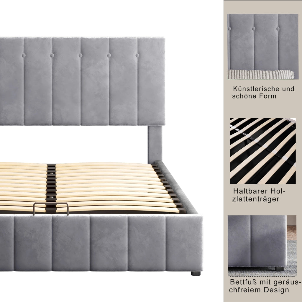 Letto Contenitore 140x200 cm; Letto Matrimoniale con contenitore idraulico; in Velluto Grigio