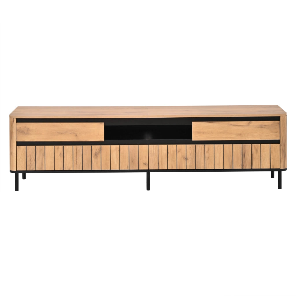 Mobile TV moderno 180x40x52 cm con 2 cassetti, 2 ante a ribalta e vano aperto, finitura rovere e nero