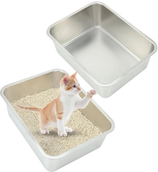 Cassa per gatti in acciaio inox per cuccioli, 2 pezzi, cassa per gatti e conigli in acciaio inox, aperta, facile da pulire, inodore, resistente alle macchie, inox, robusta (45×35×15cm)