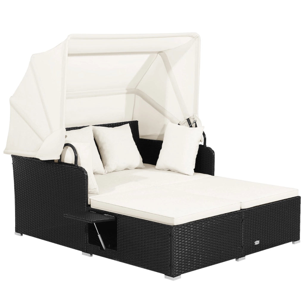 Lettino da giardino in rattan con tettuccio retrattile 2 pannelli laterali, Lettino in vimini per cortile Bianco-Set mobili da esterno