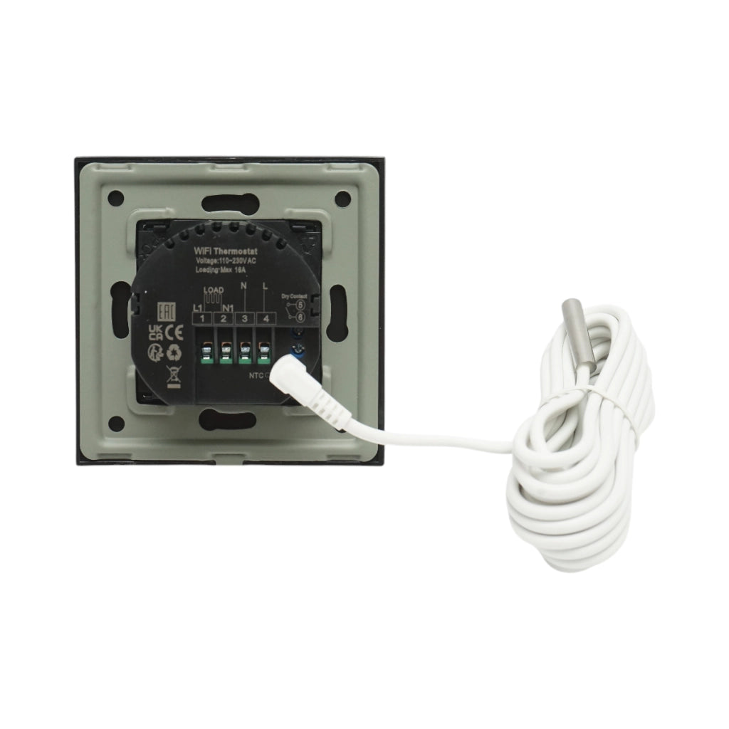 Termostato WiFi per riscaldamento a pavimento e caldaia, display digitale, sensore esterno, cornice in vetro nero 86x86mm
