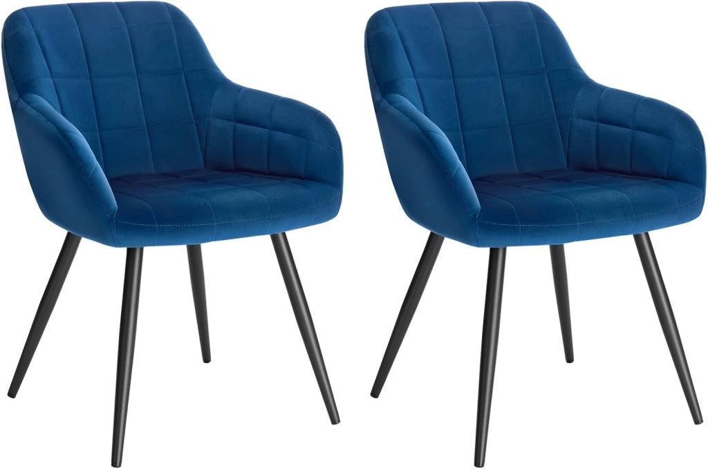 Set di 2 Sedie per Sala da Pranzo Imbottita, Poltroncina in Velluto,Sedia da Cucina con Braccioli e Schienale, Gambe in Metallo, moderne,Blu, BH93bl-2