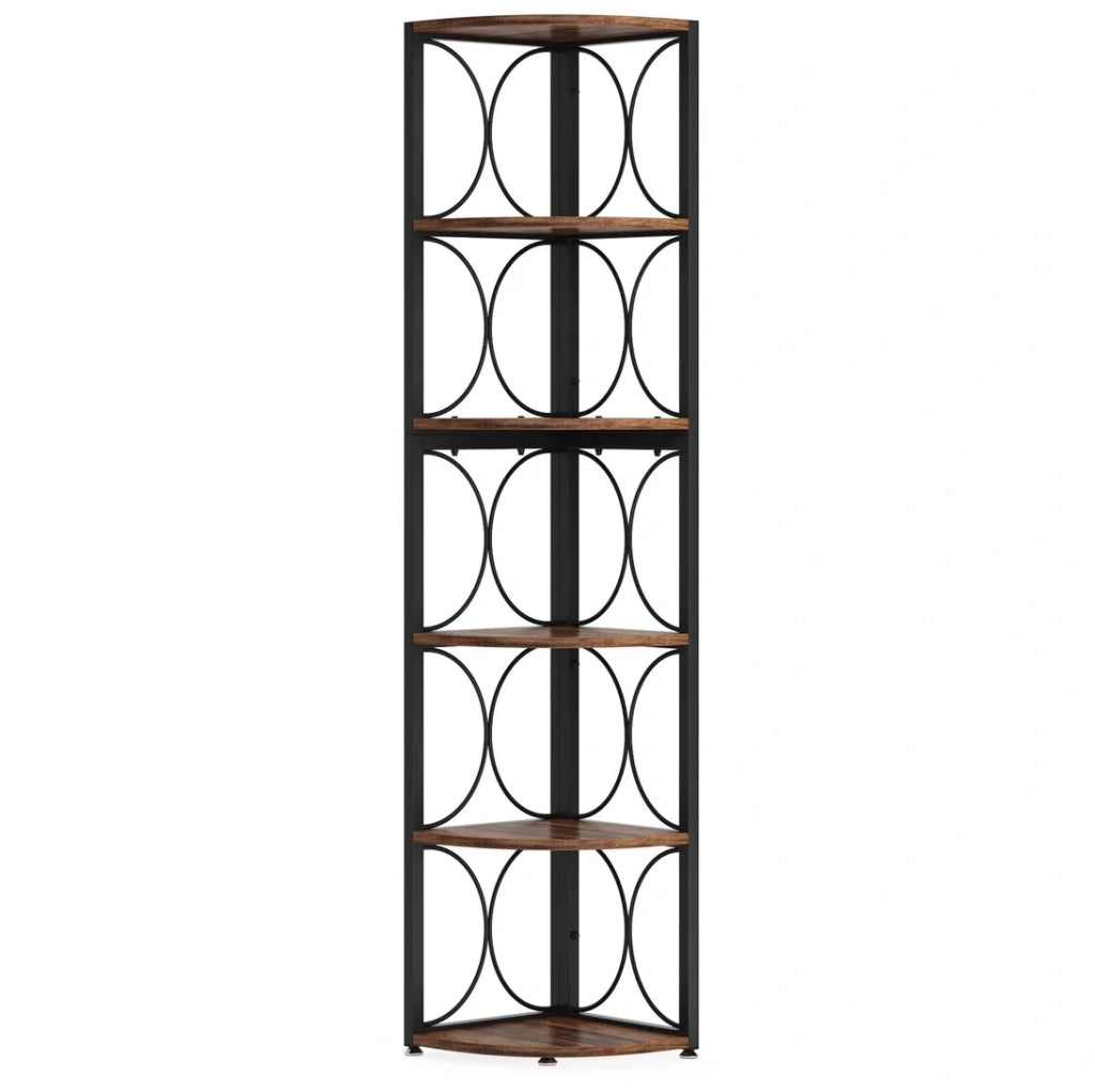 Scaffale angolare 6 ripiani nero marrone rustico, metallo e legno