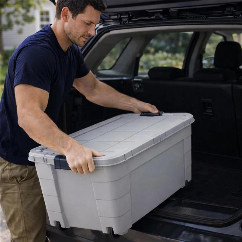 BOX CONTENITORE 40L CON COPERCHIO E RUOTE 59X39X27,4 CM GRIGIA – SCATOLA PORTAOGGETTI SALVASPAZIO CON ROTELLE PER CASA E RIPOSTIGLIO