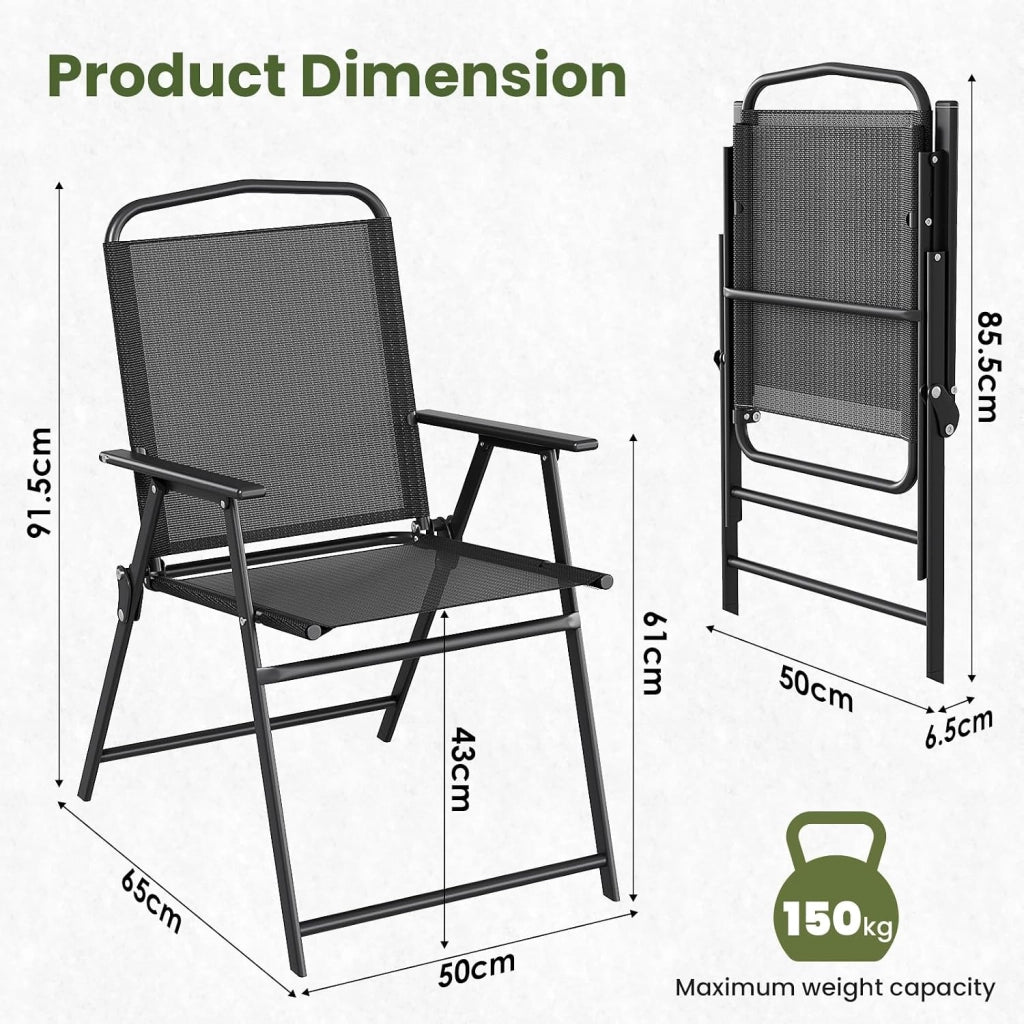 Set di 2 sedie da giardino pieghevoli con schienale, braccioli, sedie da terrazza, sedie da pranzo, fino a 150 kg, sedia pieghevole per campeggio, spiaggia, giardino, piscina, terrazza, colore