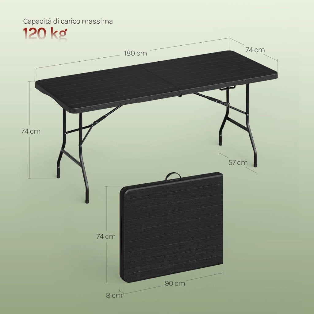 Tavolino Pieghevole Rettangolare, 180x74x74 cm, Tavolo da Esterno per 8 Persone, Richiudibile e Portatile per Giardino, Balcone e Campeggio, HDPE, Effetto Legno, Nero