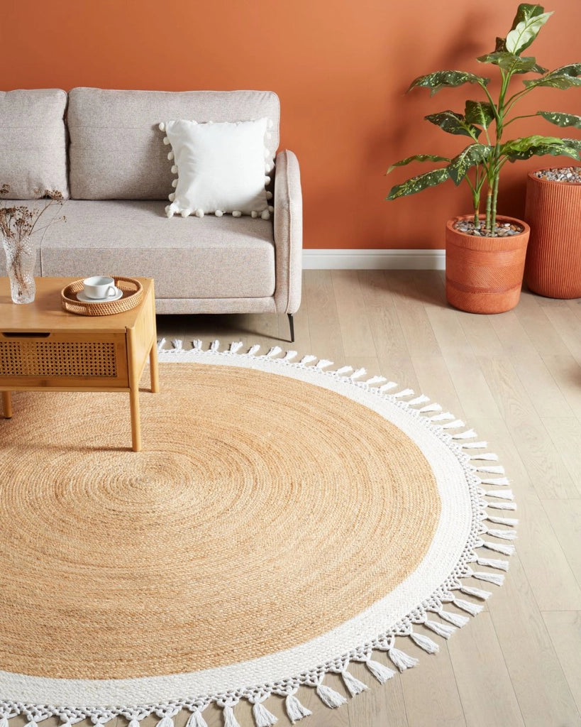 Tappeto Beige e Bianco Rotondo 200 cm Boho Rustico Spirale Intrecciato Fatto a mano Juta Naturale Camera da letto Soggiorno