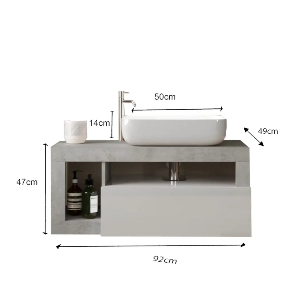 Mobile da bagno sospeso con un lavabo e 1 cassetto, lunghezza 92 cm, collezione BURA. Colori bianco lucido e cemento.