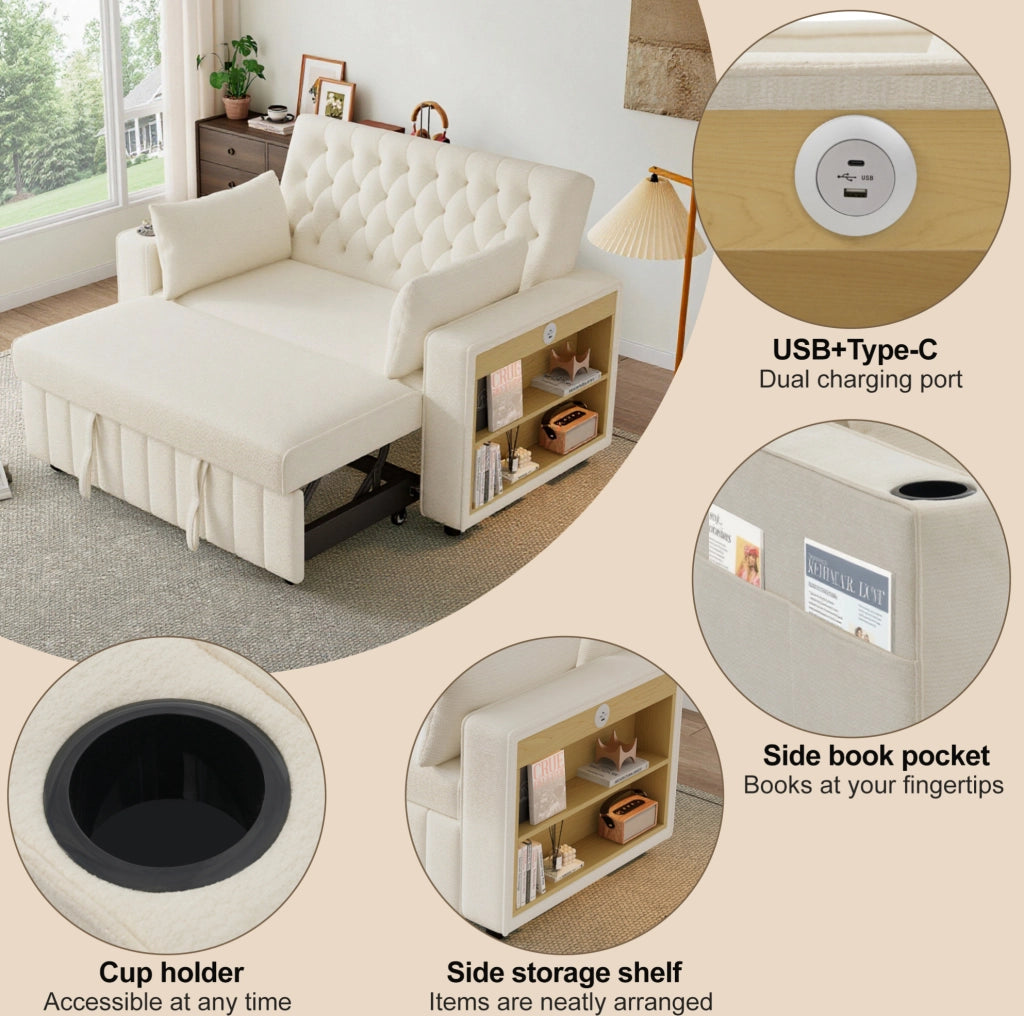 Divano letto 2 posti con schienale regolabile; USB e portabicchieri; ciniglia beige