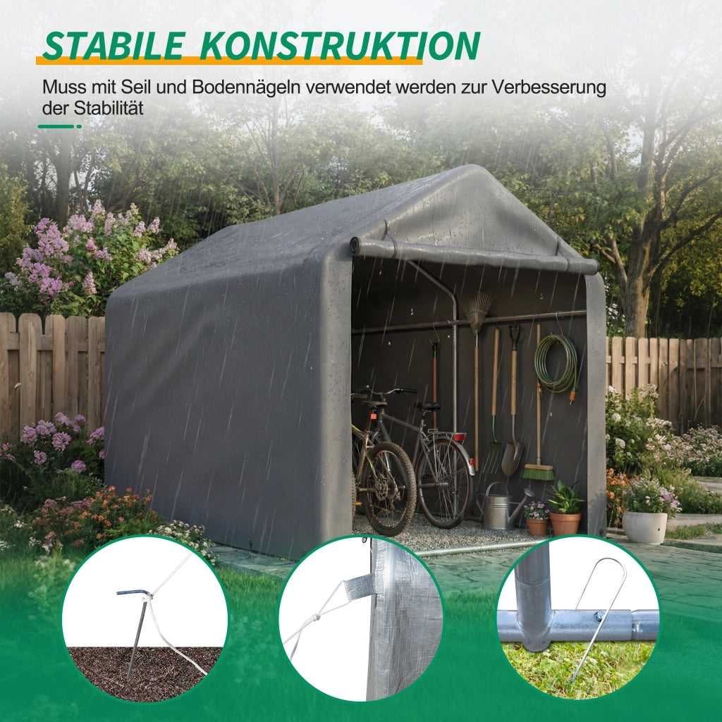 Garage per Biciclette Grigio 160 x 220 x 165 cm In Metallo E Pe Per Esterno Con Tetto Trapezoidale E Porta A Rullo