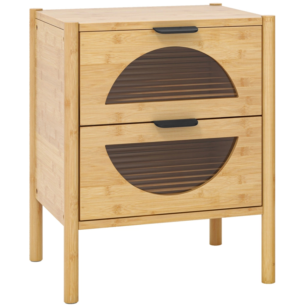 Comodino in bambù mid-century moderno con 2 cassetti e frontali in vetro temperato-Tavolino da notte Tavolino laterale naturale per soggiorno
