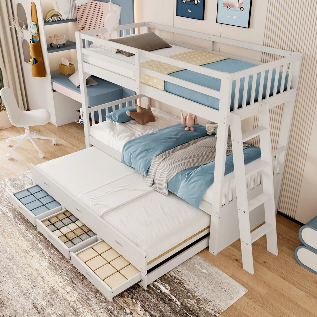 OKWISH Letto a Castello 90×200 cm, Letto 3 Posti con Letto Estraibile, 3 Cassetti e Scala, senza Materasso, in Pino, Bianco