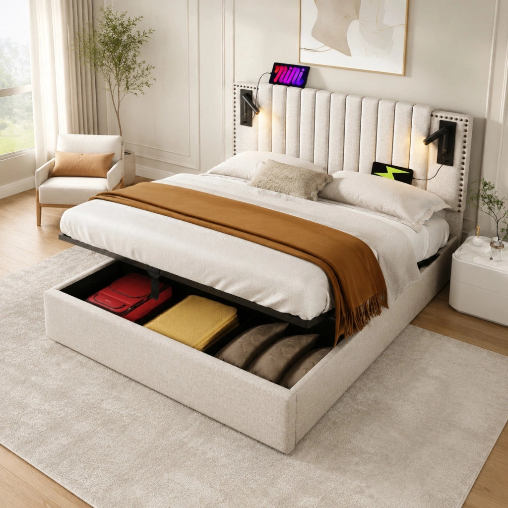 Letto matrimoniale 160x200 cm con contenitore; testiera regolabile con luci da lettura e porte USB; beige
