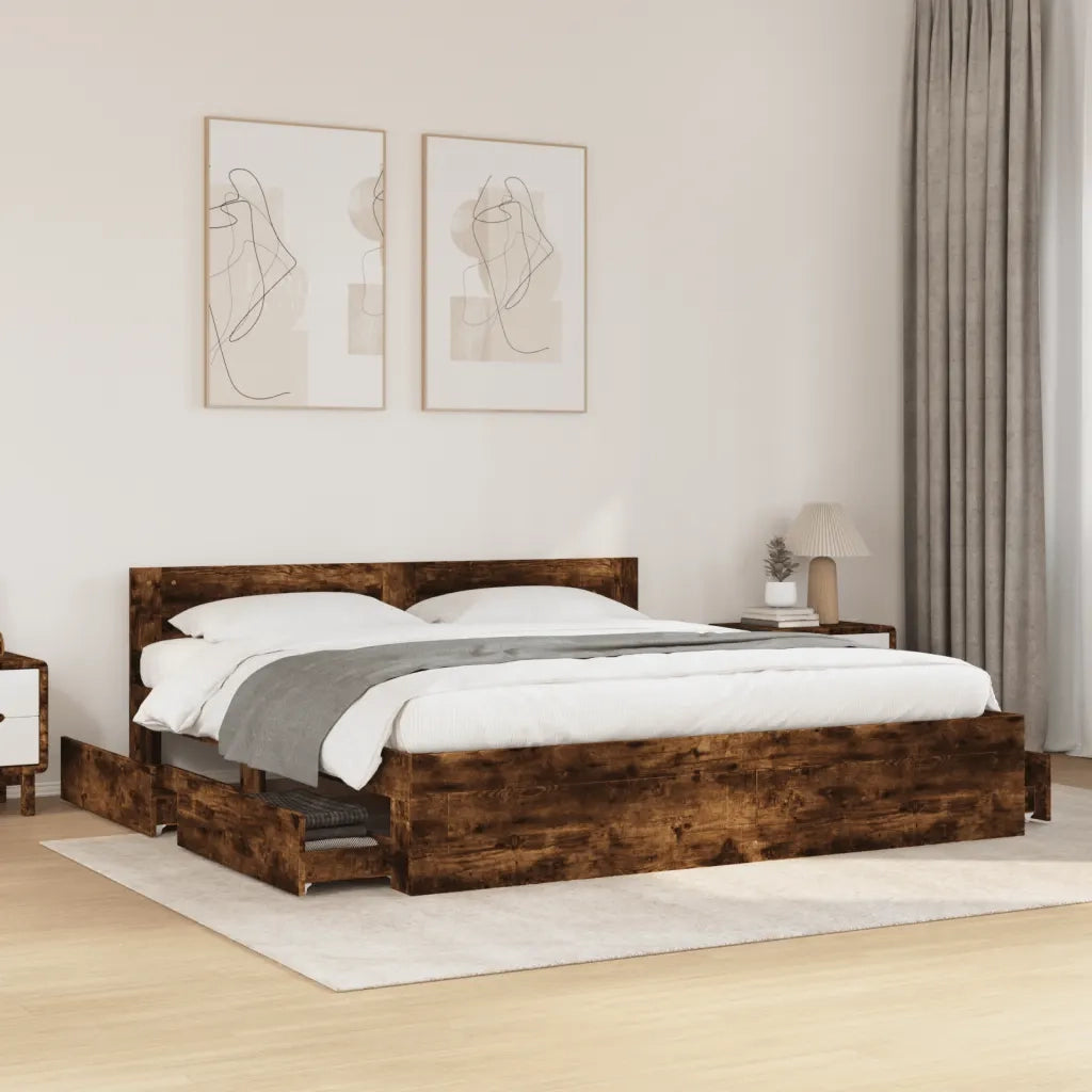 Giroletto con Testiera-Struttura Letto con testiera Rovere Fumo 180x200 cm Legno Multistrato