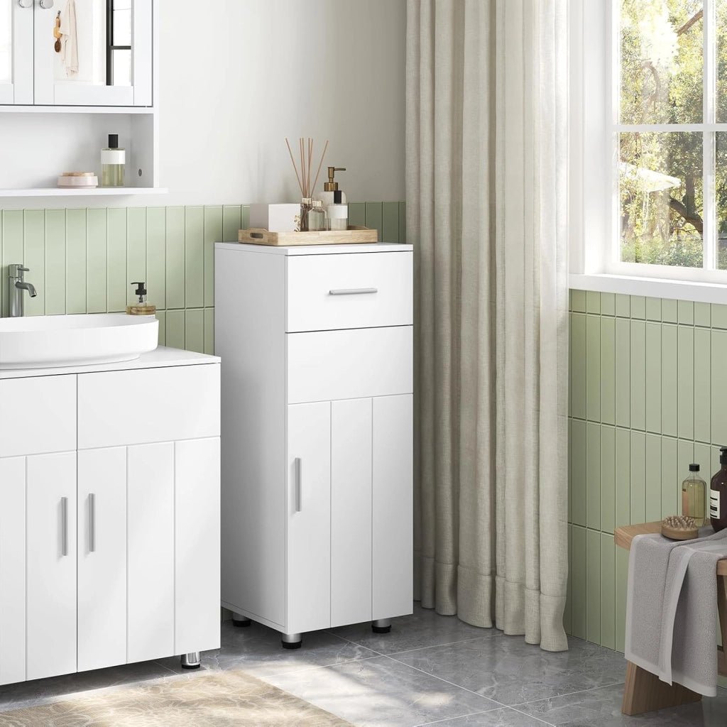 Mobiletto da Bagno Salvaspazio a Colonna, Armadietto in Legno, Mobile da Bagno a Terra, con Cassetto, Anta e Ripiano Regolabile, Bianco
