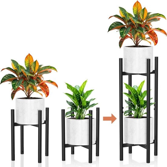 Set di 2 supporti per fiori, regolabili in larghezza (20-30 cm) – Supporti per piante in metallo per interni ed esterni, utilizzabili singolarmente o accoppiati come supporto per piante a 2 livelli (75 cm di altezza) – Nero