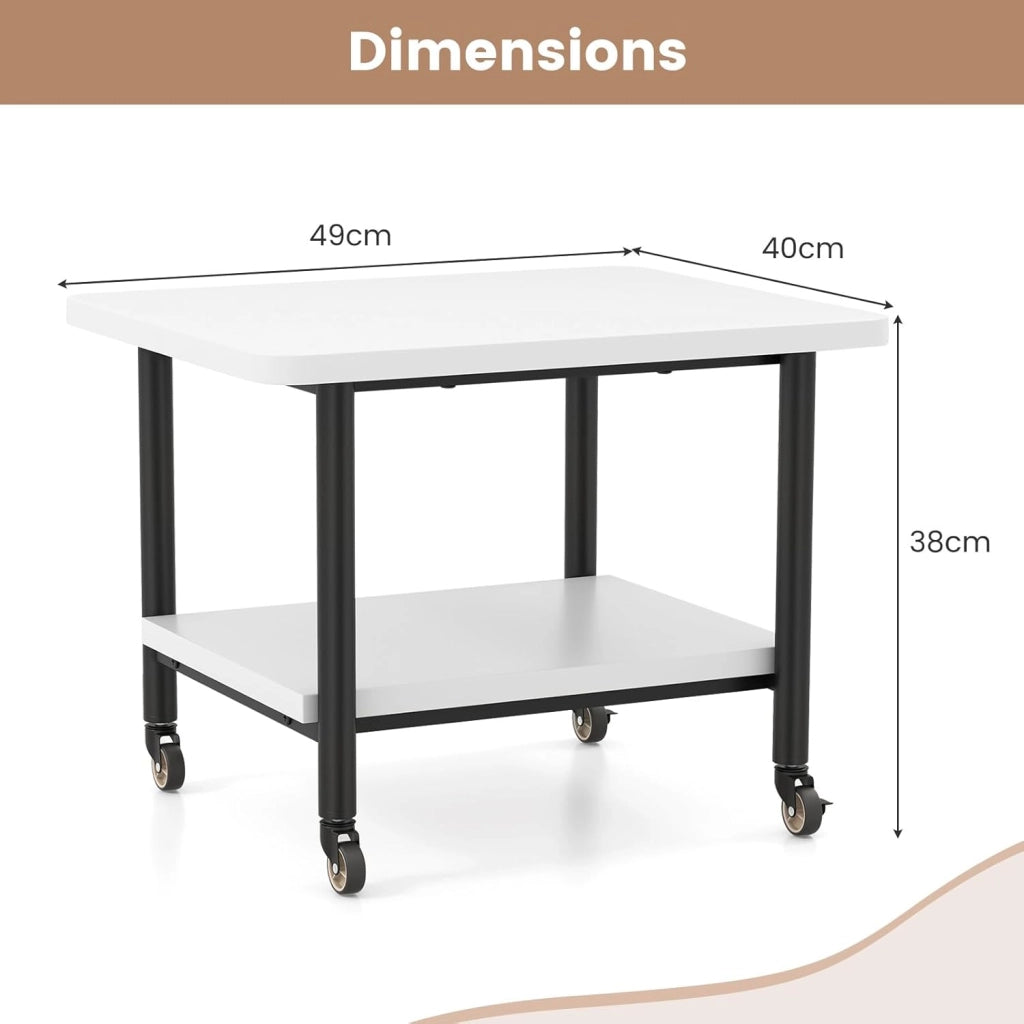 Tavolo per stampante con ruote, supporto per stampante, carrello per stampante, arrotolabile con 2 livelli, mobile per stampante, in legno, tavolino per stampante, scaffale a rotelle (bianco +