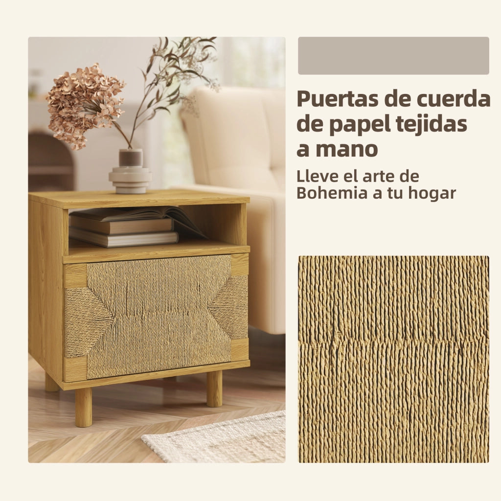 Comodino Bohemio con Porta in Carta Corda e Ripiano Aperto ¨C zephmum ¨C 45x39x50 cm Roble