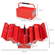 Cassetta portautensili pieghevole a 3 livelli con 5 scomparti, acciaio inox rosso, 45 x 20 x 34,5 cm