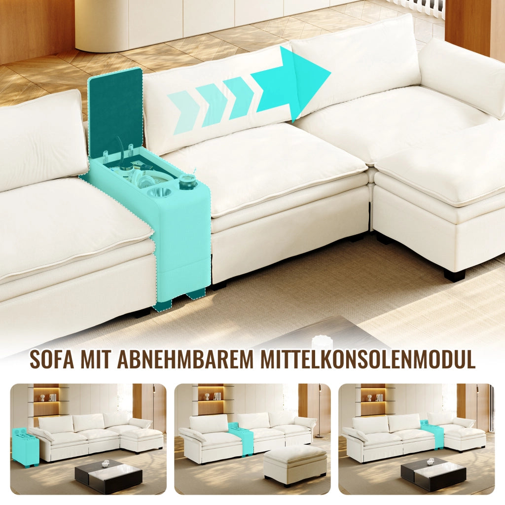 Divano angolare modulare 4 posti con contenitore ricarica wireless audio bluetooth e luci in chenille beige e bianco
