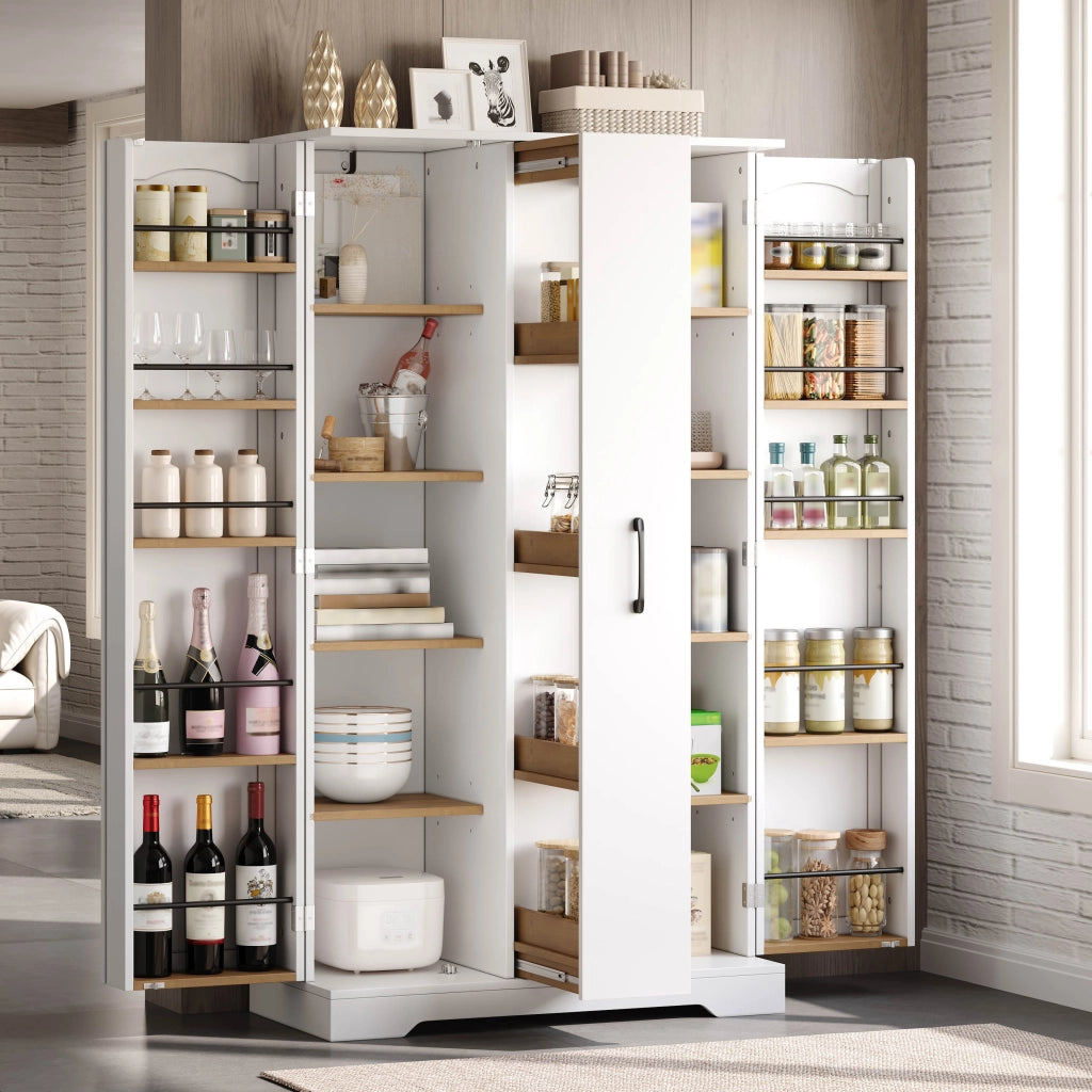 Mobile cucina con doppia anta, estraibile verticale a 4 livelli, ripiani regolabili e struttura in MDF - 150 x 78 x 40 cm, Bianco