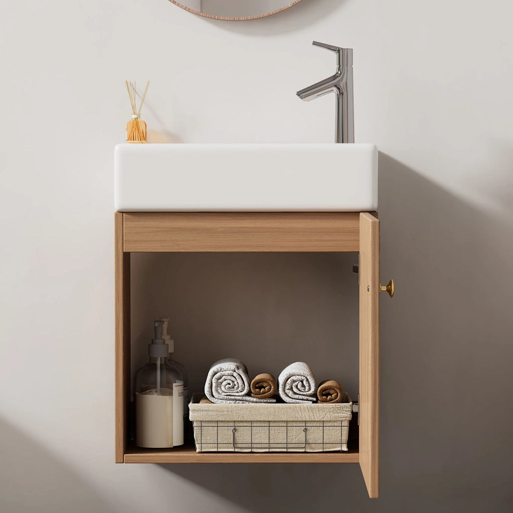 Mobile sottolavabo con lavabo in ceramica e anta con chiusura ammortizzata per bagno piccolo in MDF legno naturale