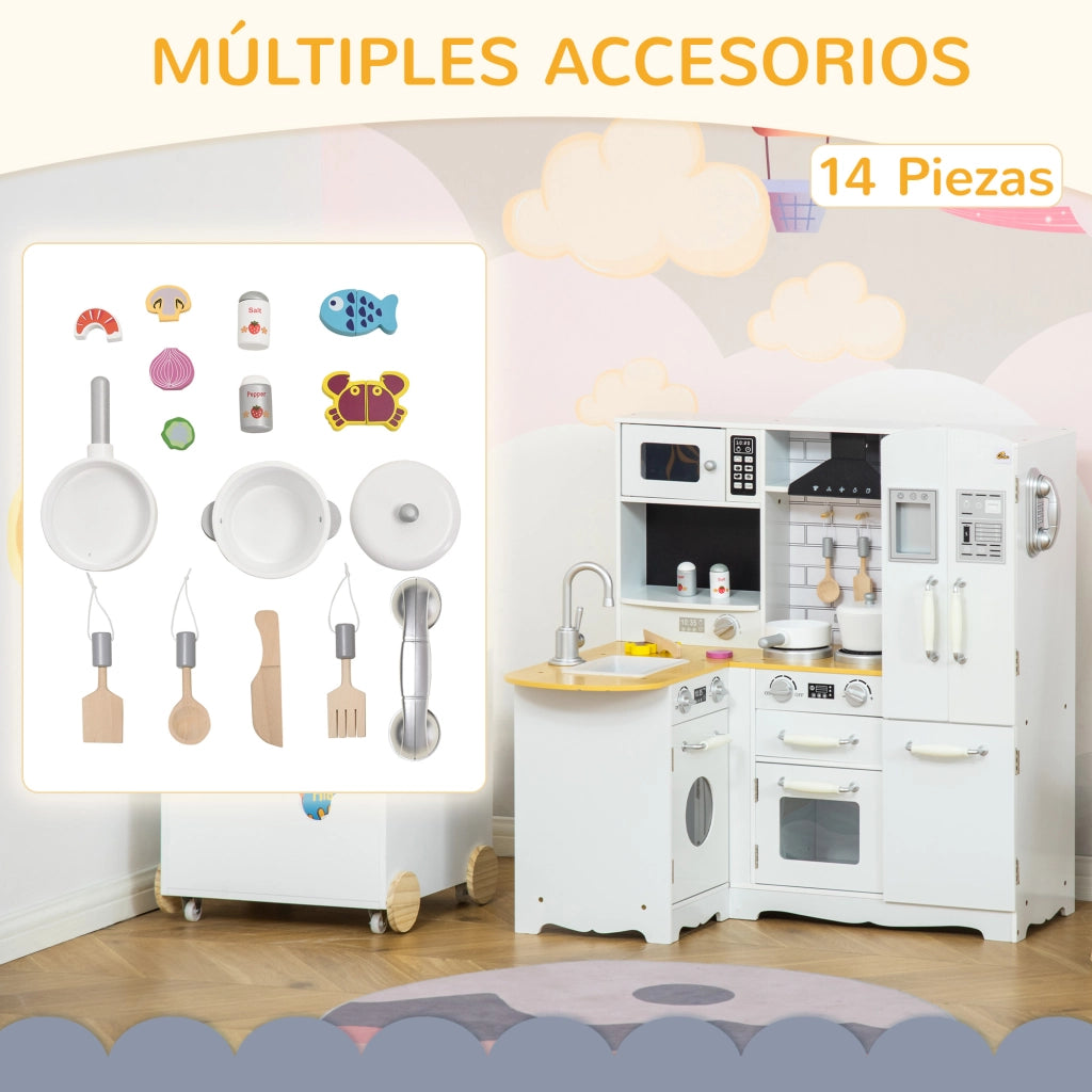 Cucina Giocattolo per Bambini in Legno con Sonori e Accessori ¨C zephmum ¨C 82x65x87 cm Bianco