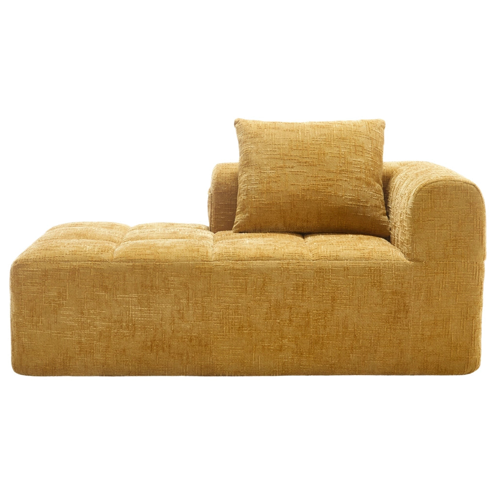 Divano chaise longue giallo in ciniglia con tasche laterali