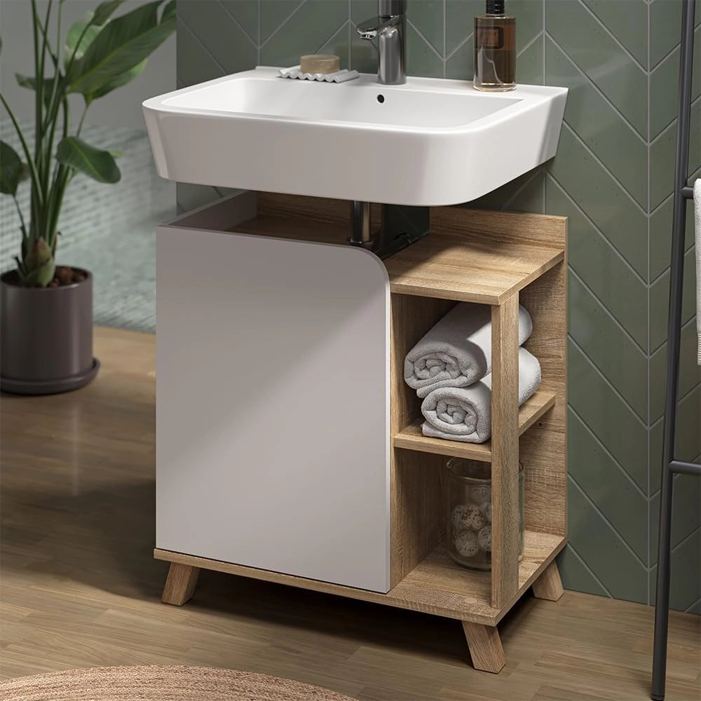 Mobile sottolavabo per bagno Karen, Sonoma/Bianco, 60 x 65 cm con anta e vani a giorno, con ritaglio per sifone per il montaggio sotto il lavabo