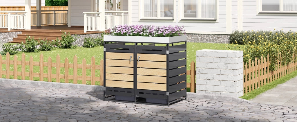 OKWISH Copribidoni Doppio con Fioriera, 2 Scomparti, Ventilazione, Porte con Serratura, Ferro Nero
