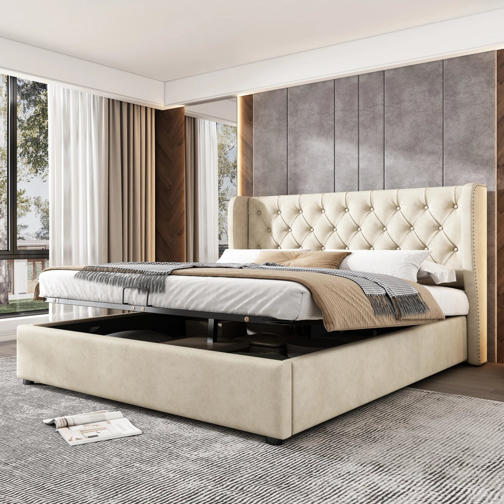 Letti contenitori 180x200 cm; con contenitore idraulico; velluto beige (Senza materasso)