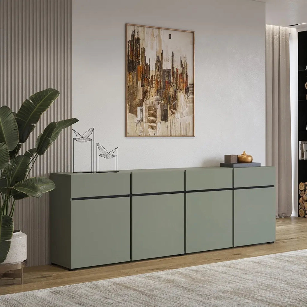 Buffet XL colore verde salvia 225cm collezione HAVANA. Credenza design con 4 porte e 4 cassetti.