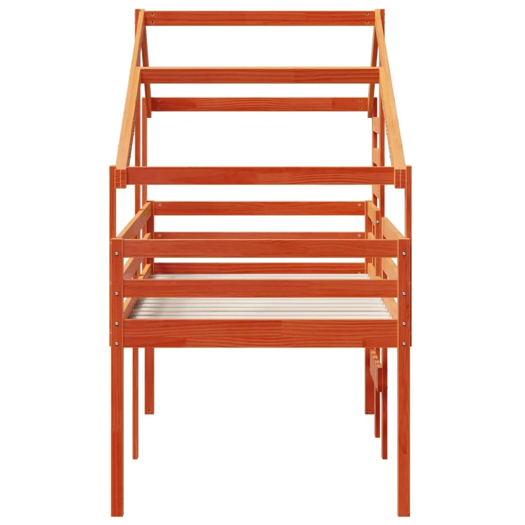 Letto a Soppalco con Tetto Cera 90x190cm Legno Massello di Pino