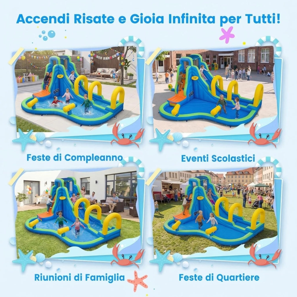 Castello Gonfiabile Per Bambini, Con Scivolo, Piscina e Muro Arrampicante, Per 4 Bambini 4-12anni, Con Borsa di Trasporto e Kit di Riparazione, Regalo Perfetto per Bambini (Senza soffiatore)