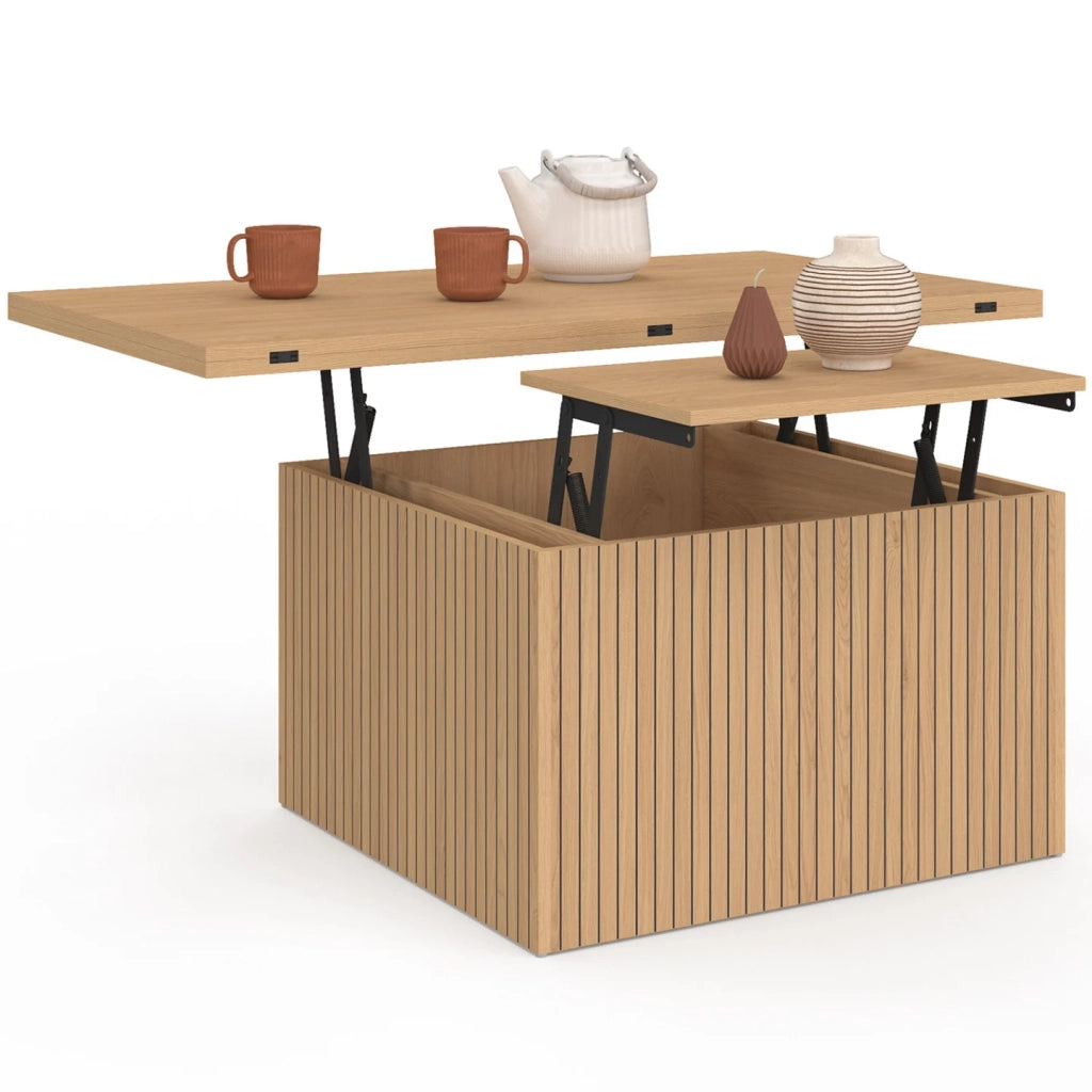 IDMarket - Tavolino rettangolare con piano sollevabile, trasformabile in tavolo da pranzo JULIETTE, 100 cm, effetto doghe di legno