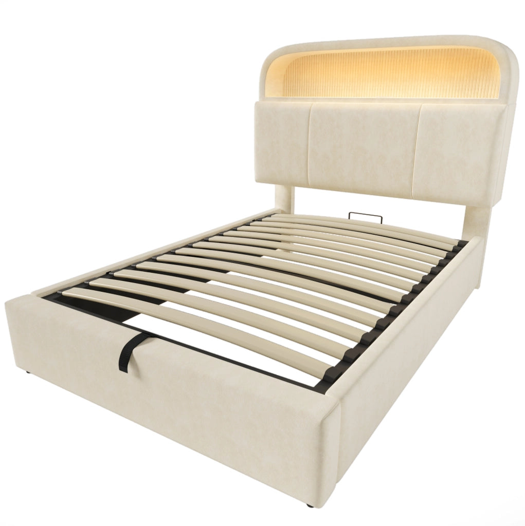 Letto singolo 90x200 cm con contenitore; testiera regolabile; LED e porta USB C; velluto beige