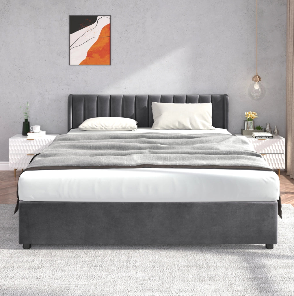 Letto matrimoniale in velluto con rete a doghe e 2 cassetti