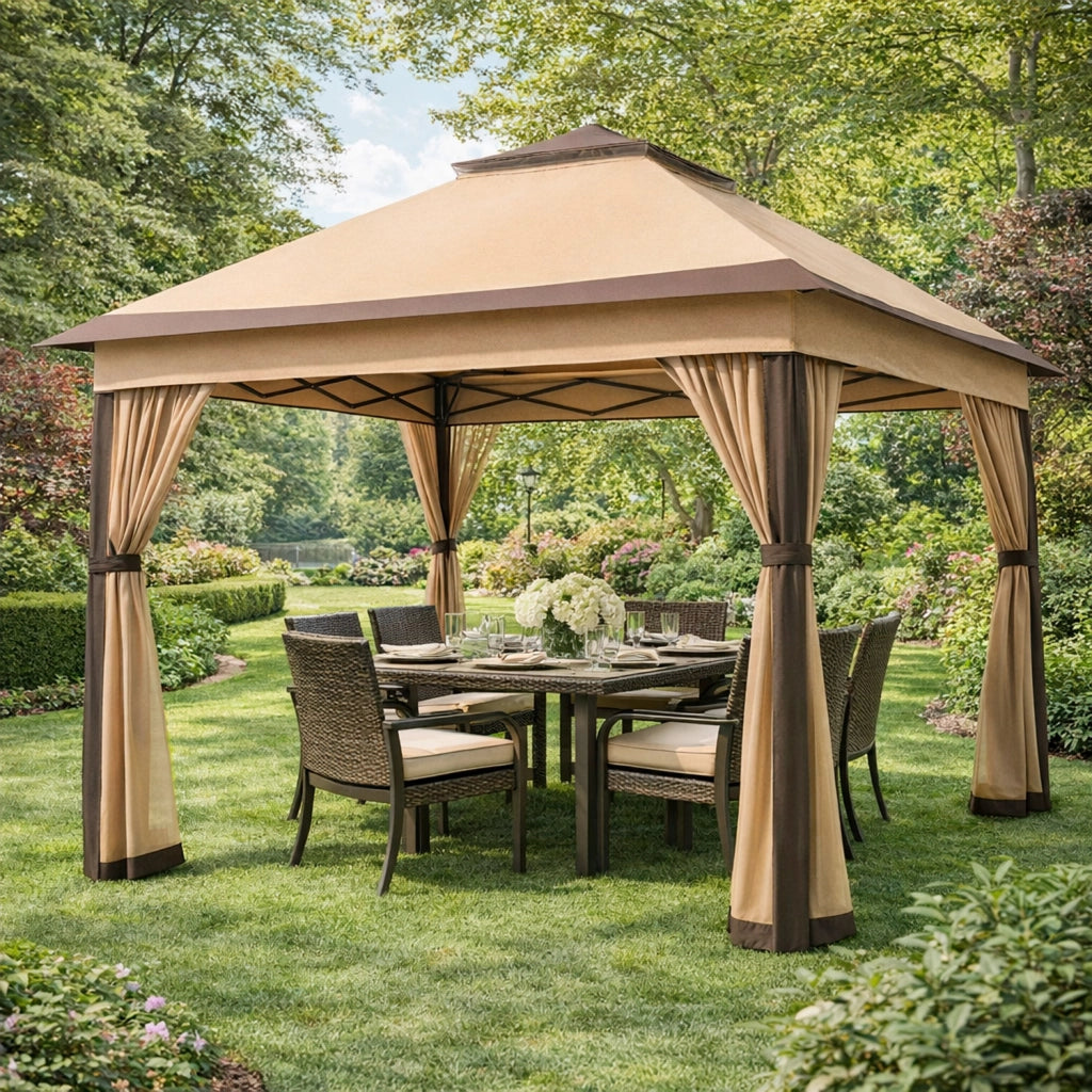 Gazebo Rapido Da Giardino Pop Up 3.33 x 3.33 Metri Altezza Regolabile Da 2.7 A 2.9 M Con Zanzariere Removibili Apertura Rapida E Borsa Trasporto Per Eventi Patio Piscina Campeggio Feste Kaki