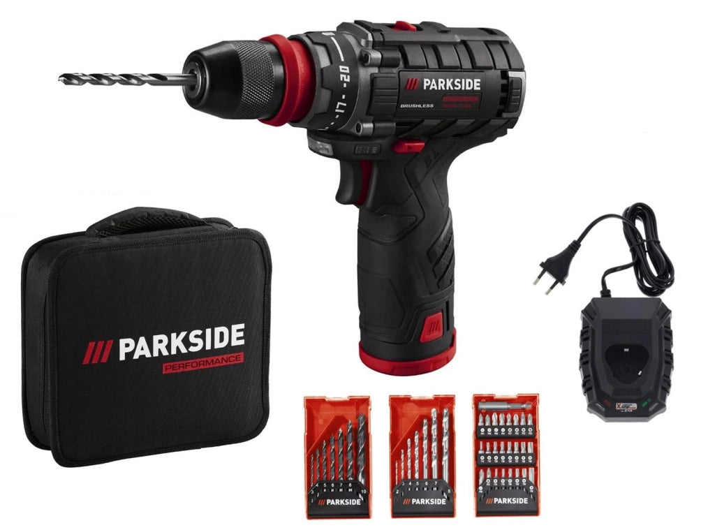 Set Avvitatore a Batteria 12V PARKSIDE PERFORMANCE PBSPA 12 E4 Brushless con Caricatore Batteria Litio 2A Punte Inserti e Accessori