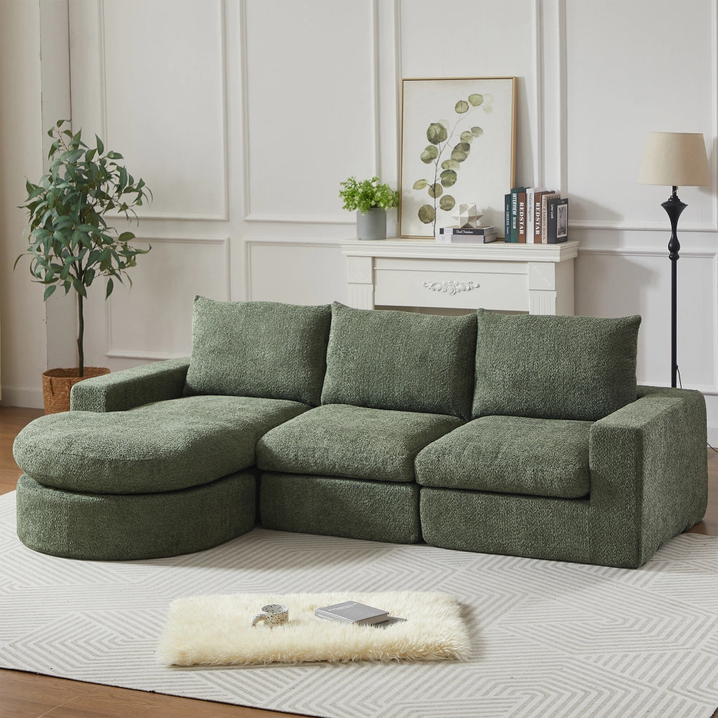 Divano angolare modulare con chaise longue reversibile e cuscini in ciniglia verde 251×160×81 cm