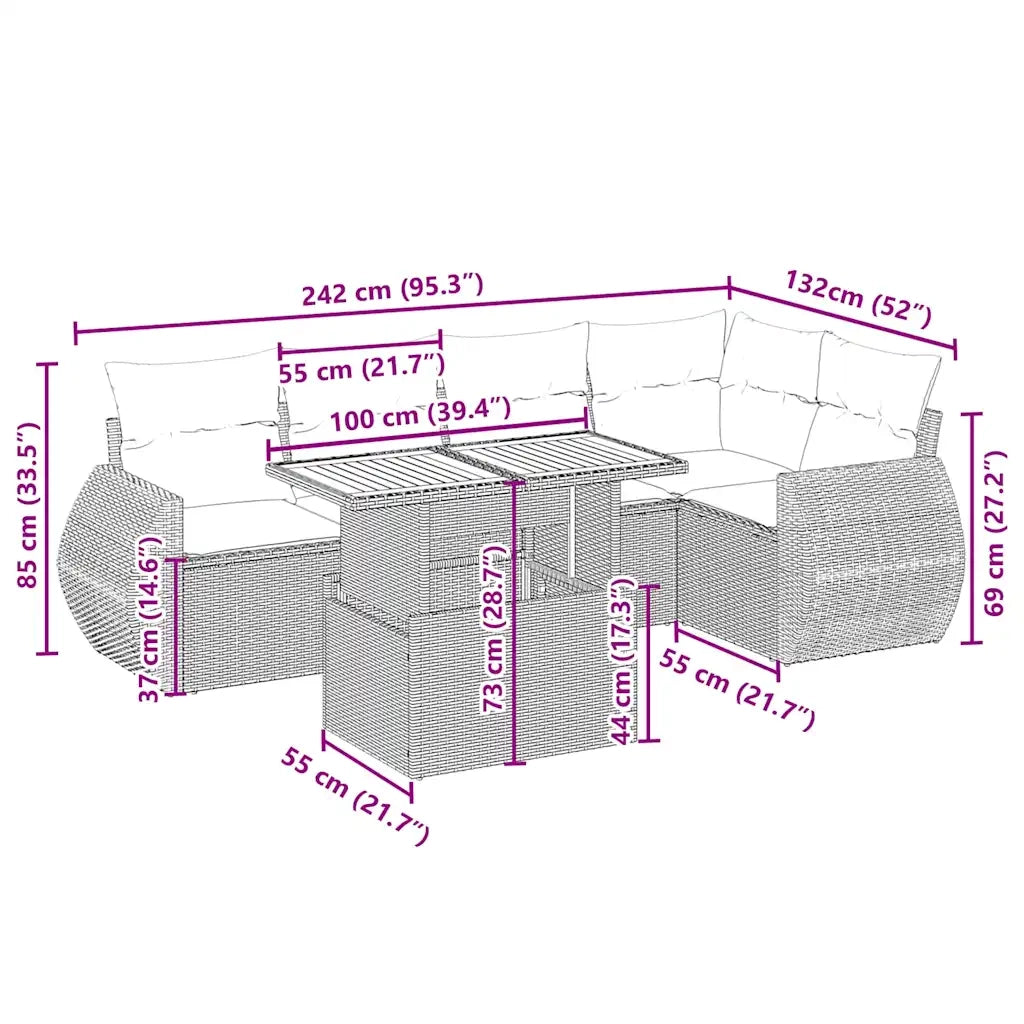 Set Divano da Giardino 6 pz con Cuscini Beige in Polyrattan