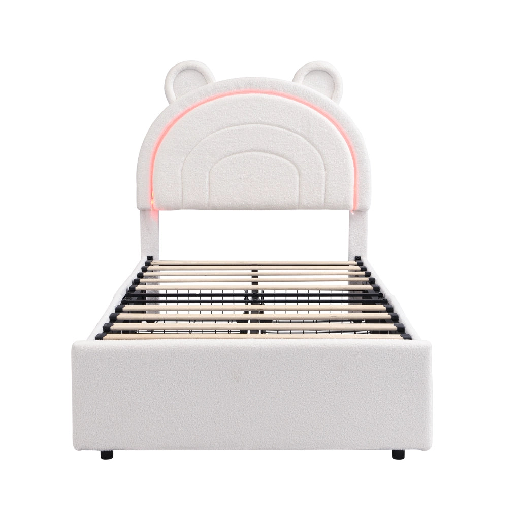 Letto imbottito beige 90x200 cm con testiera a orsetto; quattro cassetti e LED