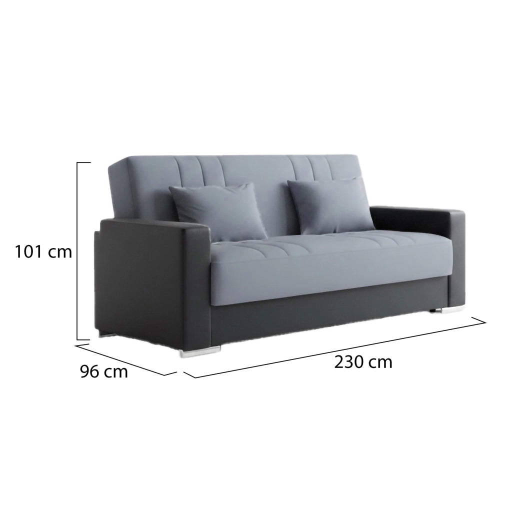 Divano letto Arix, Divano letto contenitore a 3 posti in ecopelle e tessuto, SofÒ  da soggiorno con apertura click-clack e 2 cuscini inclusi, Cm 230 x96h101, Nero e Grigio